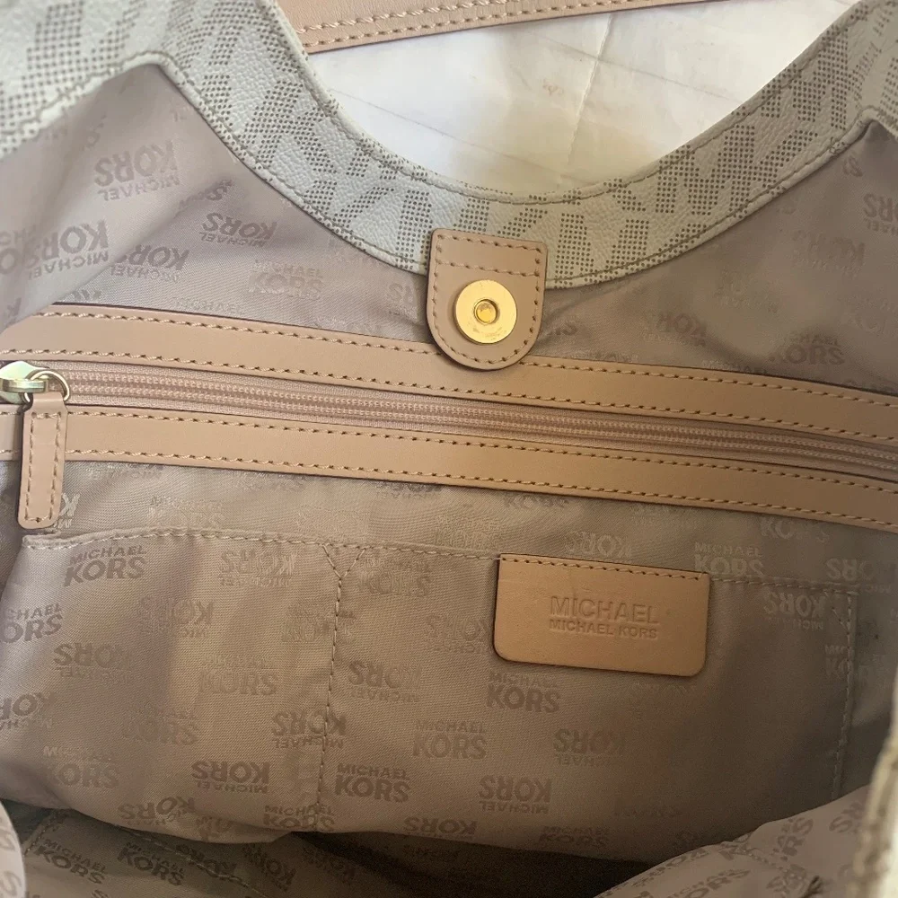 Michael Kors Beige Logo Leather Shoulder Handbag